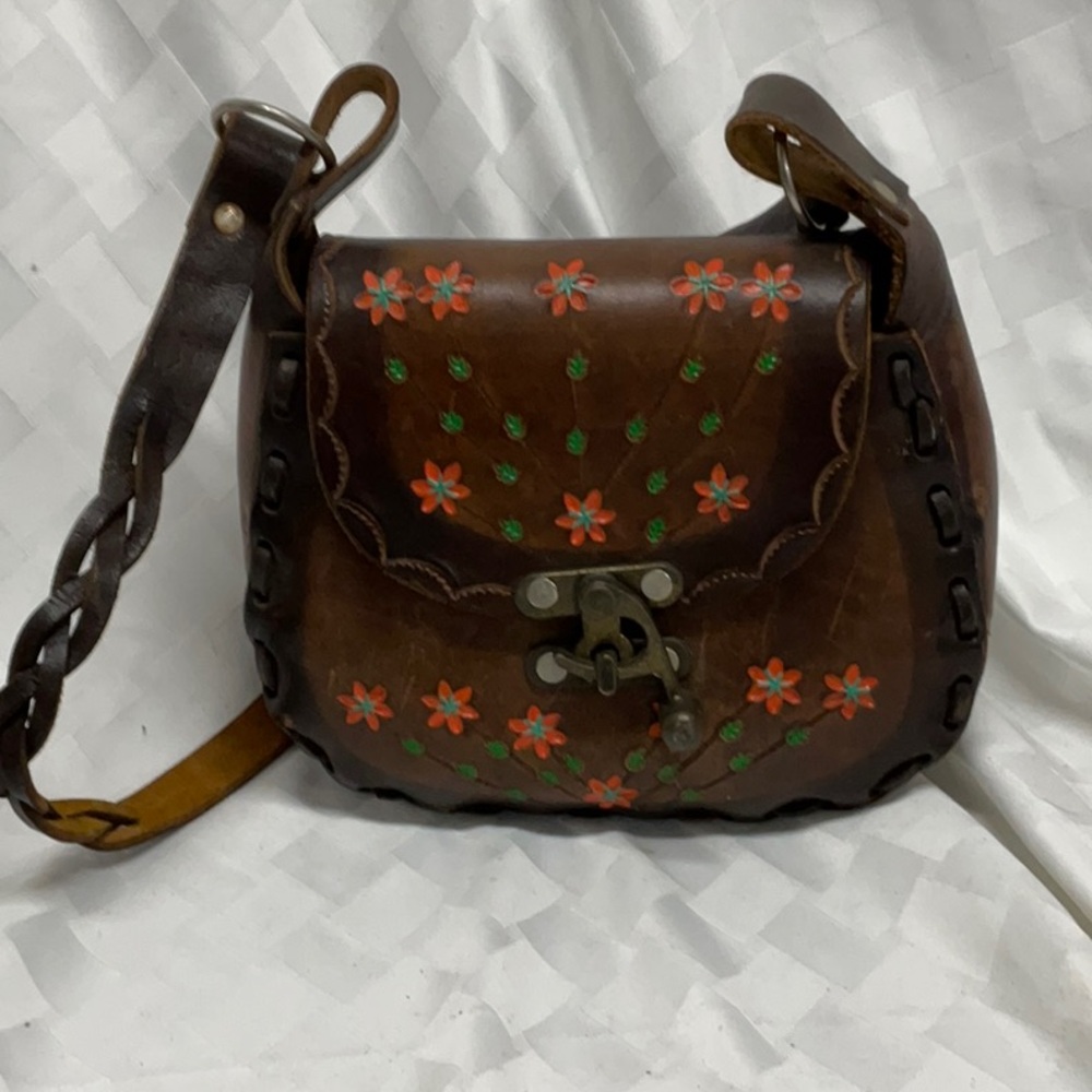 Brown Floral Leather Crossbody Bag
